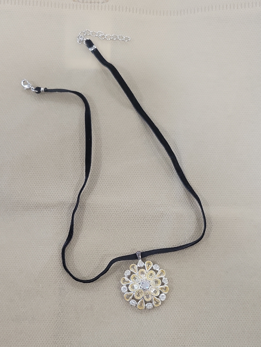 Monet Black Velvet Choker with Gold & Silver Floral Pendant
